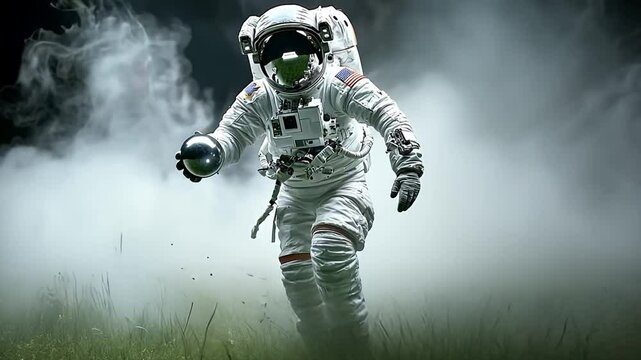 Astronaut's Courageous Run Amidst Smoke: A lone astronaut, clad in a pristine spacesuit, fearlessly sprints across a grassy field shrouded in an atmospheric, mysterious mist.