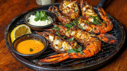 Grilled Seafood Platter with Dipping Sauces