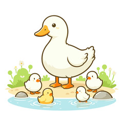 Vector illustration of mother duck with ducklings. Perfect for children's education, wildlife protection websites, and spring season themes.