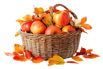 Autumn harvest A wicker basket brimming with ripe red apples and vibrant fall leaves against a