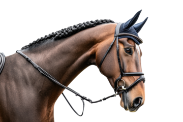 Elegant brown horse with braided mane wearing a black bridle and ear net against a white background
