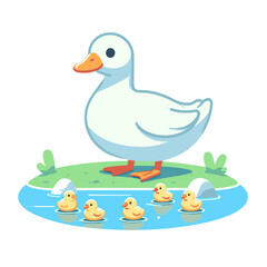 Vector illustration of mother duck with ducklings swimming in pond. Perfect for children's education or wildlife conservation themes.