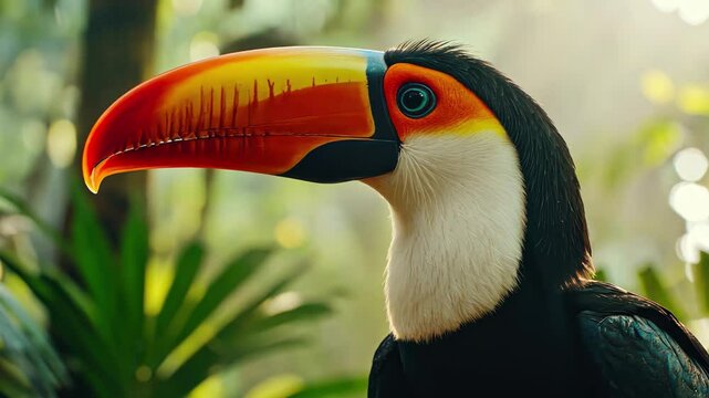 Exotic toco toucan perched amidst lush greenery in a tropical habitat, Exotic toco toucan bird in natural setting and looking, movie