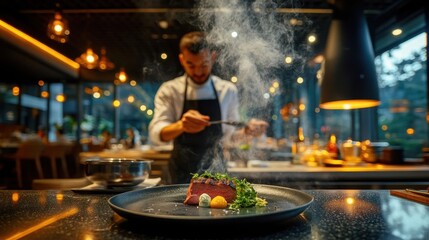 Gourmet Dish Preparation Sizzling Steak with Garnish