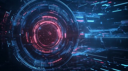 Fototapeta premium Abstract digital technology background with glowing circular interface and data streams.