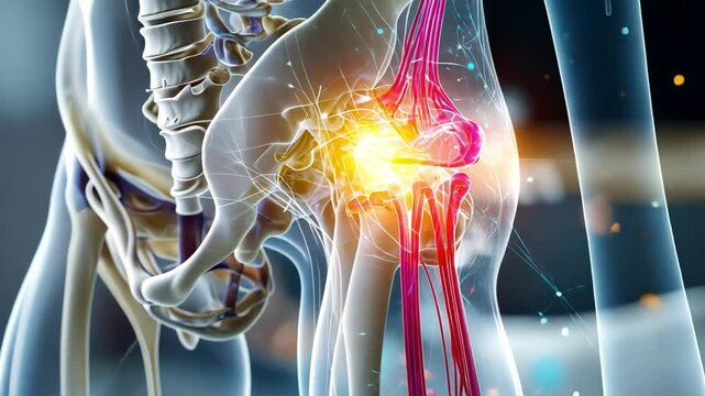 The Intensity of Joint Pain: An illuminating medical visualization offers a detailed look at the human hip, the focal point of intense pain that radiates through the structure.