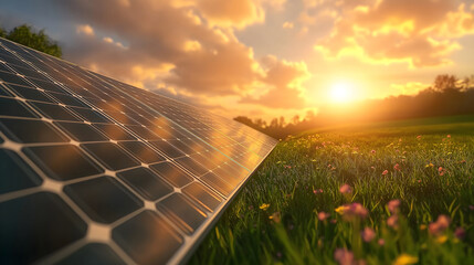 Photorealistic solar panels in green meadow in sprig, warm light, reflecting golden light