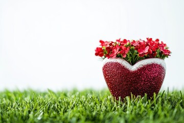 Displaying Red Flowers in Sparkling Heart Vase on Green Grass