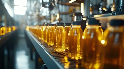 Bottles Filled with Liquid Moving on Conveyor Belt in Factory
