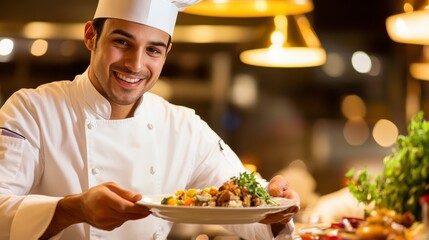 Smiling Chef Presenting a Gourmet Dish in a Restaurant Setting