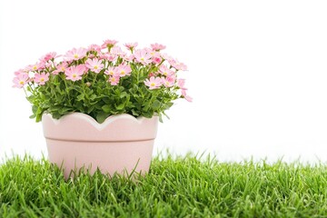 Pink Marguerite Daisy in Pot on Grass Springtime Garden Scene