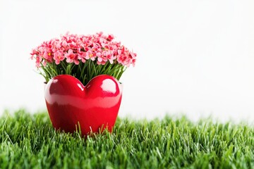 Flowers Growing in Red Heart Pot on Green Grass Background