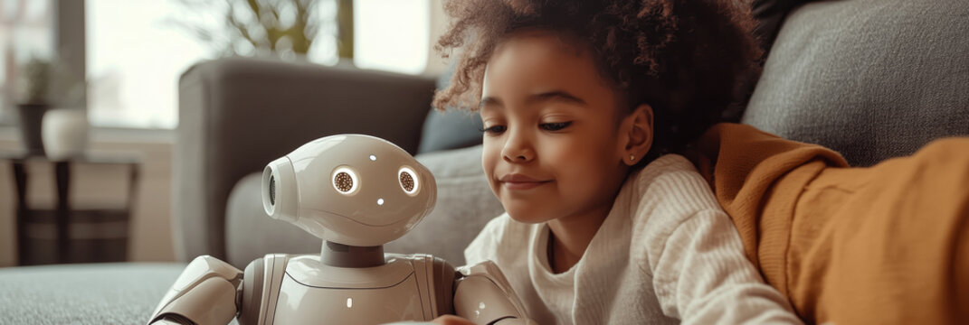 Children engage with advanced AI in a cozy indoor setting