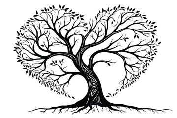 89 Black and white illustration, heart-shaped tree, intricate branches, symmetrical design, roots visible, bare tree, silhouette style, romantic symbolism, nature-inspired artwork, delicate linework, 
