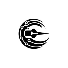 Tech Logo: Modern Circuitry Crescent Design, Black and White Icon