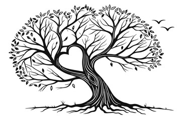 Fototapeta premium 89 Black and white illustration, heart-shaped tree, intricate branches, symmetrical design, roots visible, bare tree, silhouette style, romantic symbolism, nature-inspired artwork, delicate linework, 