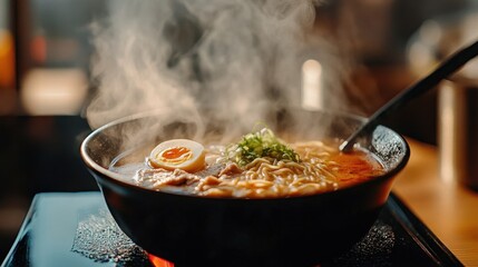 Steaming Bowl of Noodles with Egg and Green Onions