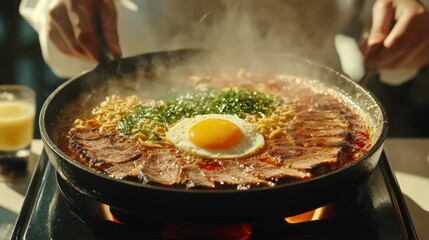 Delicious Noodles with Sizzling Meat and Fried Egg