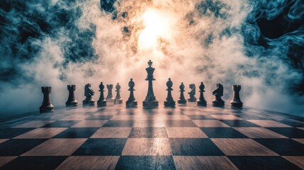 A classic wooden chessboard with smoke swirling in the background, creating a dramatic and mysterious atmosphere