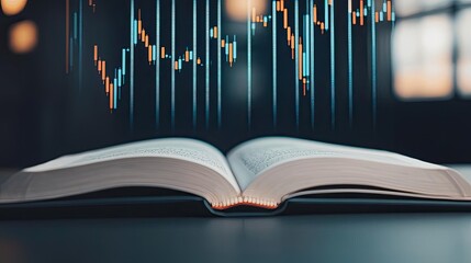 Open book revealing vertical digital lights chart in stock market concept. Analyzing market trends through data visualizations in a book.