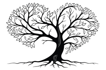 89 Black and white illustration, heart-shaped tree, intricate branches, symmetrical design, roots visible, bare tree, silhouette style, romantic symbolism, nature-inspired artwork, delicate linework, 