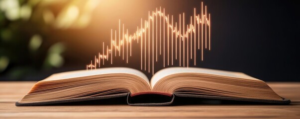 Open book with contemporary vertical digital lights stock chart concept. An open book with audio wave graphics representing knowledge.