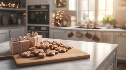 Gingerbread Cookies and Gifts on Kitchen Counter for Holiday Celebration
