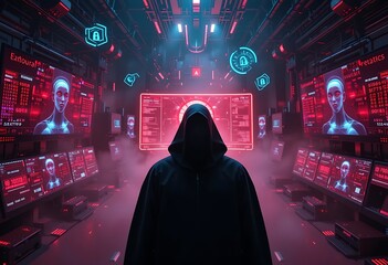A hooded figure stands in a futuristic room filled with screens displaying data and humanoid faces