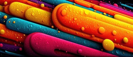 Vibrant colorful abstract background with rounded shapes and water droplets, creating a playful and modern design with a wet look