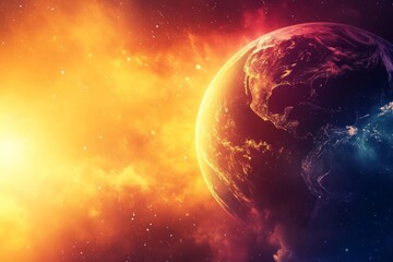 Fototapeta premium A stylized image depicts Earth from space, partially illuminated by a bright, warm light source, set against a backdrop of nebula-like clouds and stars in shades of orange, red, and blue.