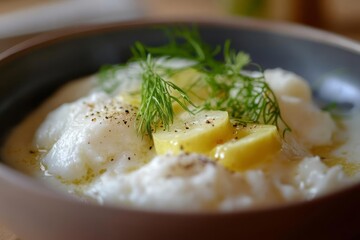 Close-up view of a bowl of creamy white food, possibly a type of porridge or custard, topped with thinly sliced pale yellow vegetables and fresh green dill. A light brown bowl is used for serving.