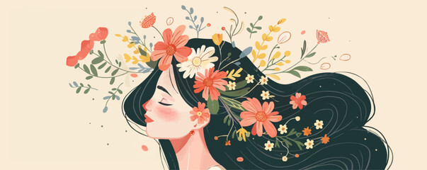 Whimsical floral fantasy with young female hair in blooming nature.