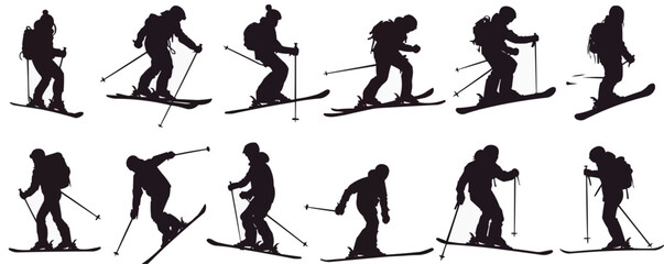 Fototapeta premium Silhouettes of skiers in various dynamic poses.