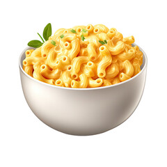 Mac and Cheese in White Bowl Traditional American Food Top View on White Background