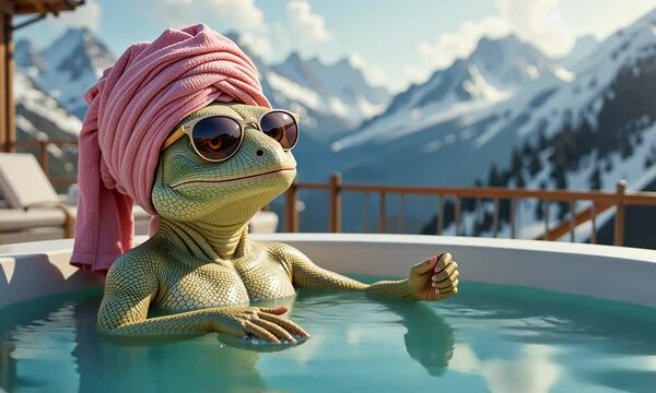 Humanoid frog in towel and sunglasses enjoying hot tub on terrace with snowy mountains behind. Concept of comic relaxation and absurd luxury