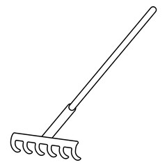 Garden rake. Sketch. Tool for leveling the ground, removing weeds with a long straight handle. Vector illustration. Outline on an isolated white background. Doodle style. Coloring book for children. 