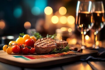 Grilled steaks with cherry tomatoes and rosemary are presented on a wooden board, accompanied by two glasses of wine. A warm, candlelit ambiance is suggested by the blurred background.