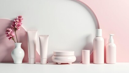 Clean, minimalist white backdrop for cosmetics display, studio, toiletry