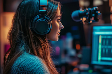 Engaging woman podcasts from cozy home studio in vibrant atmosphere