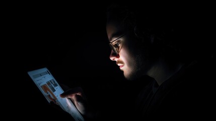 A person reading a glowing digital tablet displaying recommendation scores and reviews, illuminating their face in the dark for National Recommendation Month.