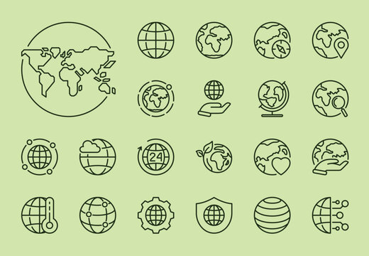 Editable stroke icon set with an Earth theme, perfect for environmental projects and nature-related designs. These customizable icons feature globes, world map, natural elements, and more.