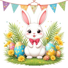 Obraz premium Cute pink Easter bunny with colorful eggs in green grass