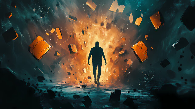 Detachment identity concept. a hollow figure walks among glowing fragments in this artistic digital image. Hollow Fragment. Illustration