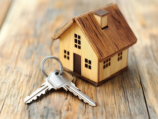 Close-up of a miniature wooden house with a keyring placed. A representation of home security, real estate transactions, housing loans, and financial planning