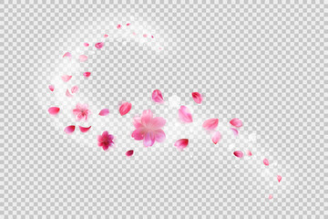 Vector illustration of a magical swirl of sakura petals with a soft glow effect. Pink cherry blossom petals float gracefully in the air, creating a dreamy and elegant atmosphere. Isolated on a transpa