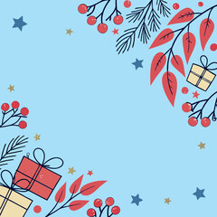 Vector Illustration of Elegant Holiday Design featuring colorful gifts, leaves, and berries against a light blue background, perfect for Christmas-themed projects. Copy space, commercial use