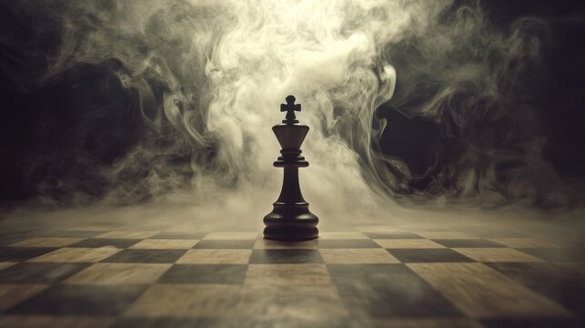 Black knight facing a white pawn with swirling smoke in a dimly lit setting