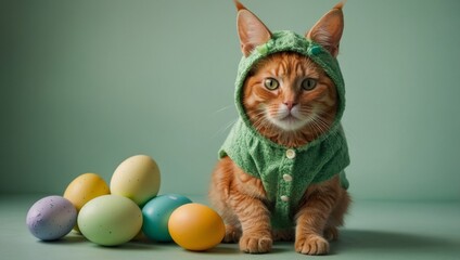 Cute ginger cat wearing a green costume sits beside pastel Easter eggs on a green background. Fun holiday scene with pet and decoration