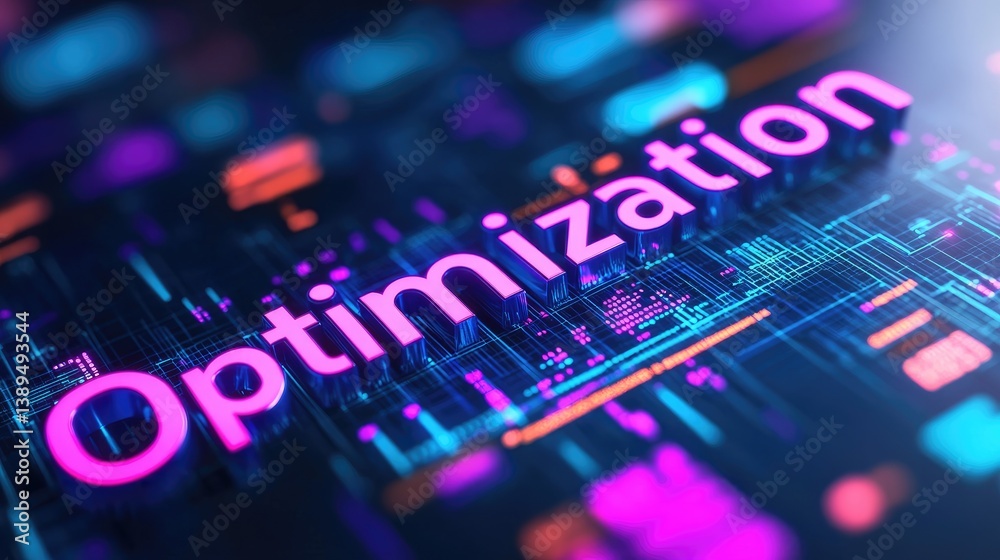 Poster 3d of optimization word on digital circuit background futuristic technology concept for website app