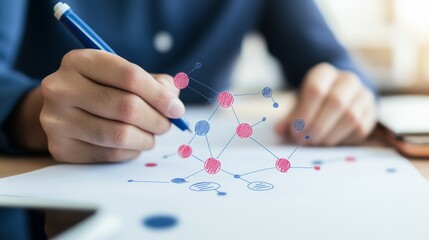 Creative process in scientific research featuring a person sketching molecular structures on paper with a pen